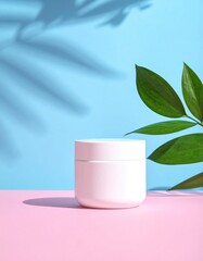 Pink cream jar with leafy shadow on blue, pink backdrop