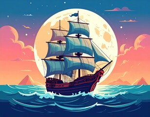 Sailing ship voyages under a large moon in a pink sky