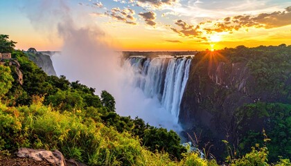 Waterfall crashes into gorge, sunset sky, lush green banks