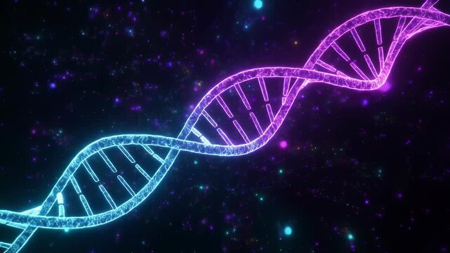 A glowing DNA double helix structure against a dark background.