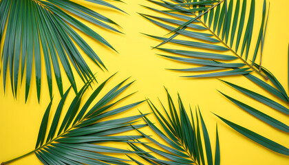 Tropical palm leaves on yellow and light blue background. Minimal nature. Summer Styled.  Flat lay.  Image is approximately 5500 x 3600 pixels in size, studio lighting. White tone