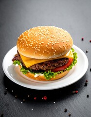 Tasty burger on plate. Black backdrop. Pepper sprinkles