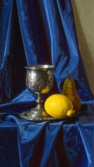 Silver goblet, lemon, pear on draped blue fabric