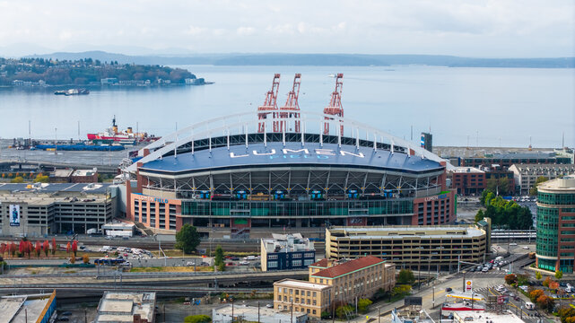 Aerial view of Lumen Field stadium, is a multi-purpose stadium in Seattle, Washington, United States.