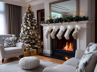 Cozy Christmas Living Room with Decorated Tree and Stockings by Fireplace