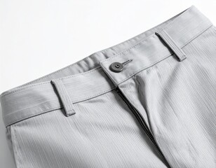 Light grey dress pants, buttoned waist, subtle texture