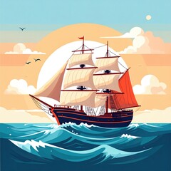 Tall ship sails on wavy sea, sun, and sky