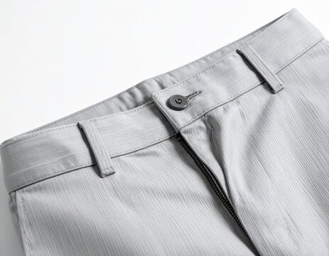 Light grey dress pants, buttoned waist, subtle texture