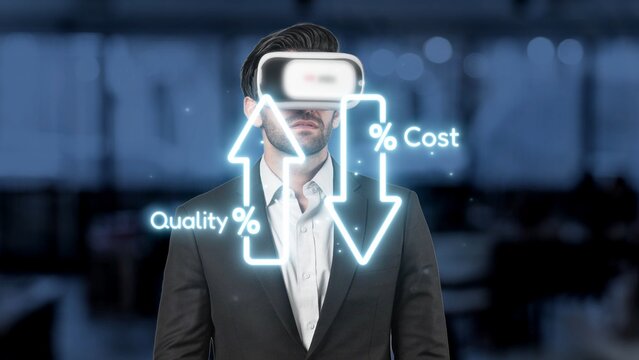 A business professional embraces virtual reality to enhance quality and minimize costs in a contemporary office setting, showcasing technological advancement. Raster - Powered by Adobe