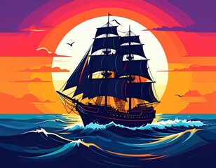 Ship sails ocean; colorful sky, bright sun behind