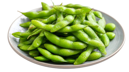 Fresh edamame pods on a plate, ready to eat  on white background.
