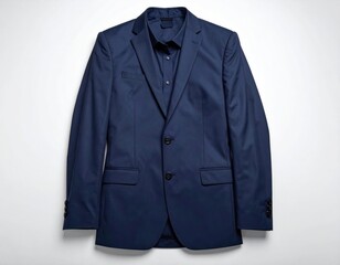 Navy suit jacket & shirt, buttoned, laid flat on white