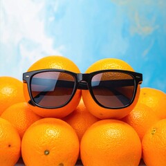 Stacked oranges sport sunglasses against bright blue sky