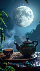 Teapot and cup, moonlit night scene