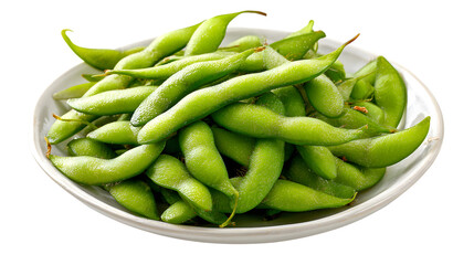 Bowl of fresh edamame, a healthy snack  on white background.