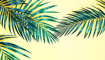 Tropical palm leaves on yellow and light blue background. Minimal nature. Summer Styled.  Flat lay.  Image is approximately 5500 x 3600 pixels in size, color sketch. White tone
