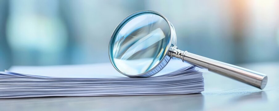 The intricate details of papers highlighted by a magnifying glass.