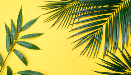 Tropical palm leaves on yellow and light blue background. Minimal nature. Summer Styled.  Flat lay.  Image is approximately 5500 x 3600 pixels in size, collage style. White tone