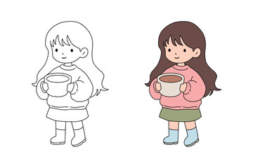 Little girl holding a big mug with hot chocolate coloring pages printable for kids and adult