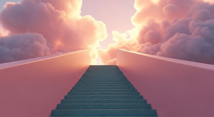 Climbing the stairway to success in dreamy pink skies and fluffy clouds, perfect for motivational campaigns and inspiring projects with an optimistic tone