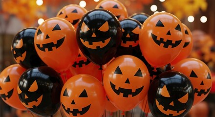 Spooky Halloween fun with vibrant orange and black jack o'lantern balloons, perfect for parties, events, and festive autumn celebrations