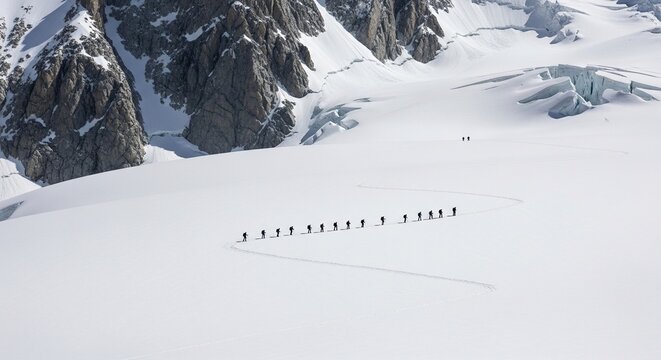 Epic mountain expedition with hikers traversing vast snowy landscape, challenging journey to conquer the peak, inspirational travel adventure in winter wonderland - Powered by Adobe