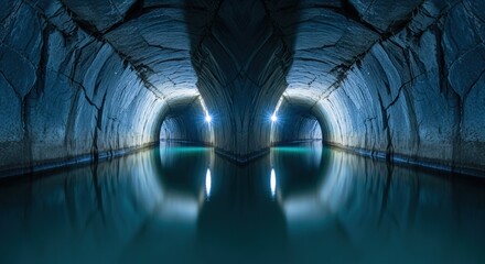 Discover the mystery of a flooded mine tunnel with shimmering reflections and blue-toned rock walls for a unique adventure background