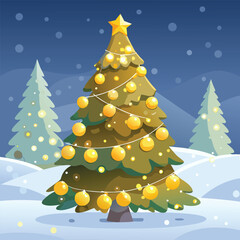 Festive Christmas Tree With Ornaments In Snowy Landscape