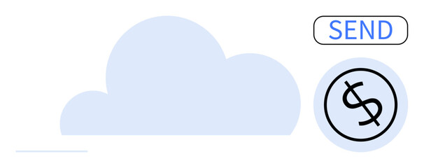 Cloud representing data storage, dollar sign coin symbolizing payment, and send button. Ideal for cloud computing, online payment, digital transaction, data transfer, e-commerce, remote work simple