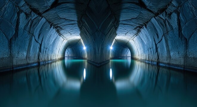 Discover the mystery of a flooded mine tunnel with shimmering reflections and blue-toned rock walls for a unique adventure background
