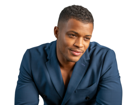 Handsome african american man in blue suit isolated on transparent background