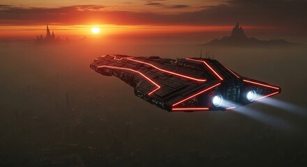 Epic futuristic spacecraft glides over dystopian cityscapes during a dramatic alien sunset, igniting imagination for sci-fi adventures.