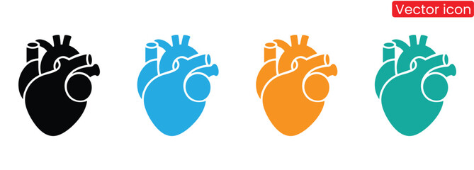 Anatomical heart icons in black, blue, orange, and teal,Anatomical heart  icon.Cardiovascular, medical, health, cardiology icon.  human heart Vector. icons for  websites,