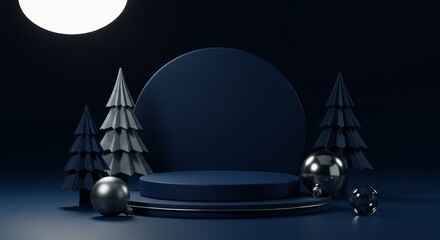 Luxury Dark Blue Christmas Product Display Podium with Geometric Noel Trees and Metallic Ornaments on a Night Background.