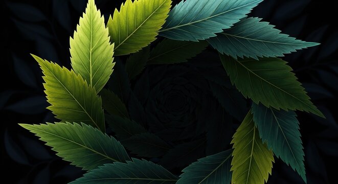 Vibrant green leaves form a swirling vortex pattern against a dark, moody background, evoking natural beauty and organic design.