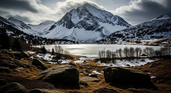 Majestic snow-capped mountain towers over a frozen lake reflecting dramatic cloudy skies, a breathtaking winter landscape scene.