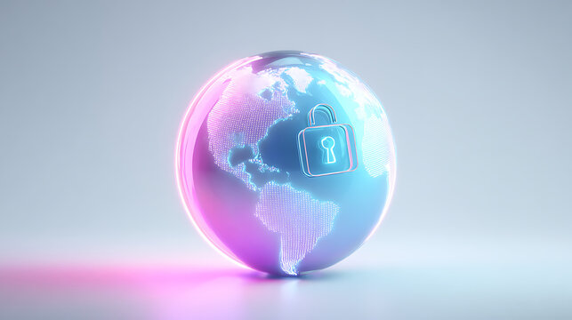 Secure global data network with modern glowing earth and padlock, representing cybersecurity solutions for international businesses and digital privacy