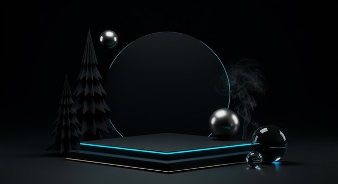 Luxury Black Christmas Stage: 3D Minimalist Geometric Podium with Neon Lights, Abstract Trees, and Ornaments for Holiday Product Display.