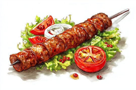 Hand-drawn watercolor illustration of Turkish Urfa kebab, mild spiced minced meat skewer, served with salad and grilled tomatoes
