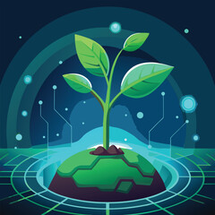 Futuristic planet with glowing plant and digital grid