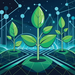 Futuristic Digital Plants Connected by Network Lines Keywords: plants, growth, digital