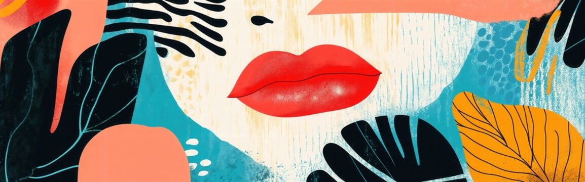 Vibrant abstract illustration of a woman's face featuring bold red lips amidst a dynamic composition of tropical leaves and brushstrokes, perfect for modern artistic design and beauty concepts