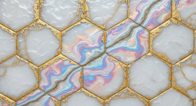 Luxurious iridescent agate geode pattern with shimmering gold accents, perfect for elegant invitations and sophisticated designs