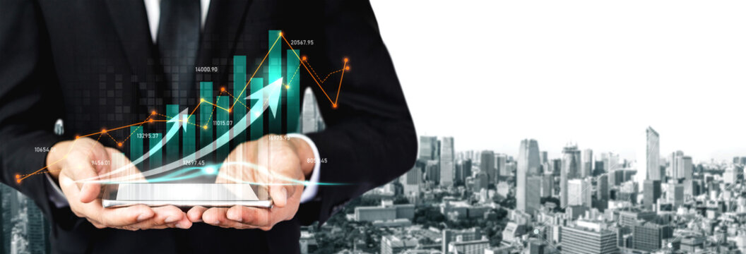 A business professional examines financial data on a tablet, showcasing growth trends through dynamic graphs and charts in front of a modern city skyline. Scalp