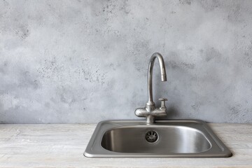 Metal sink and faucet against a textured gray wall.
