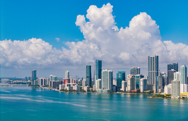 Aerial view of Brickell skyline in downtown Miami. Skyscrapers above Miami. Scenic panorama of...