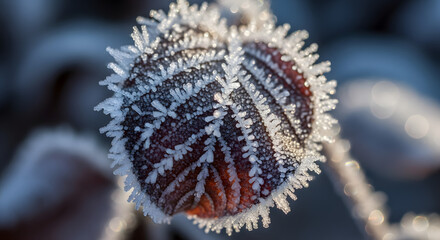 Intricate details of a vibrant leaf beautifully covered in glistening winter frost