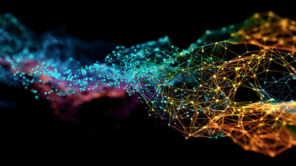 Vibrant network of connected nodes flowing like energy, glowing with digital innovation and modern technology, perfect for futuristic designs and tech