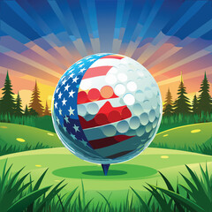 Golf Ball with American Flag on Tee at Sunrise on Golf Course