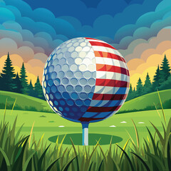 Golf ball with American flag design on tee box golf tee